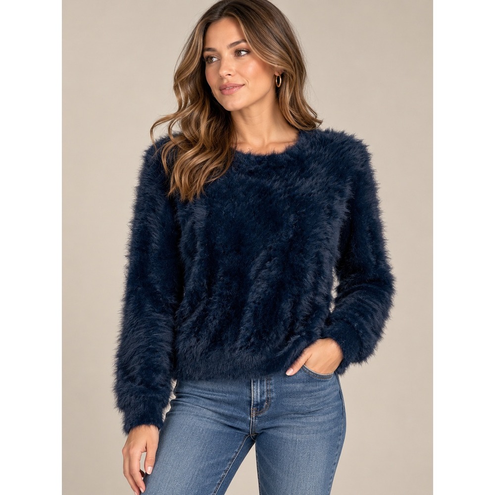 Banana Republic Womens Sweater M Navy Blue Eyelash Yarn Fuzzy Crew 375171-02